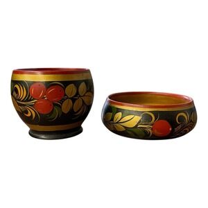 Russian Wooden Lacquered Bowls Hand Painted 2 Piece Set